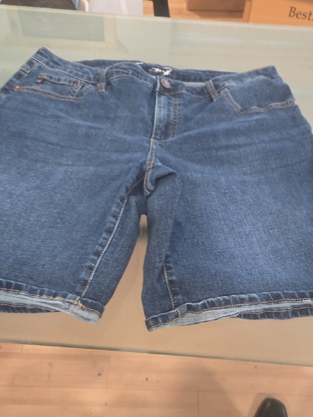 Seven7 Blue Denim Shorts with Tan Leather Patch - Picture 6 of 10